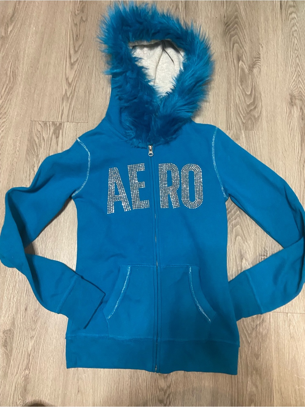 RARE VTG Y2K Aeropostale Rhinestone Fur Hoodie NWT Teal Small McBling